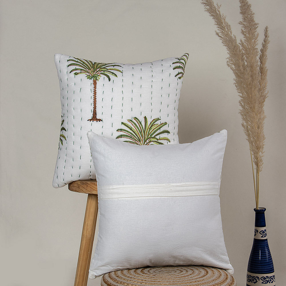 Premium Green Date Palm Tree Printed Cotton Kantha Cushion Cover